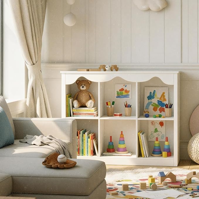 Kids Bookshelf Toy Storage Organizer Wooden Book Shelf Montessori Bookcase 6 Cube Dutch Design,Milkywhite