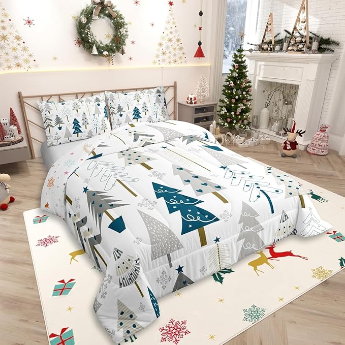 Xmas Trees Comforter Set Toddler Size,Merry Christmas Pine Botanical Boho Hand Drawn Bedding Set for Kids Girls Bedroom,Blue Gray Plant Snowflakes Winter Quilted Set with 1 Pillowcase, White