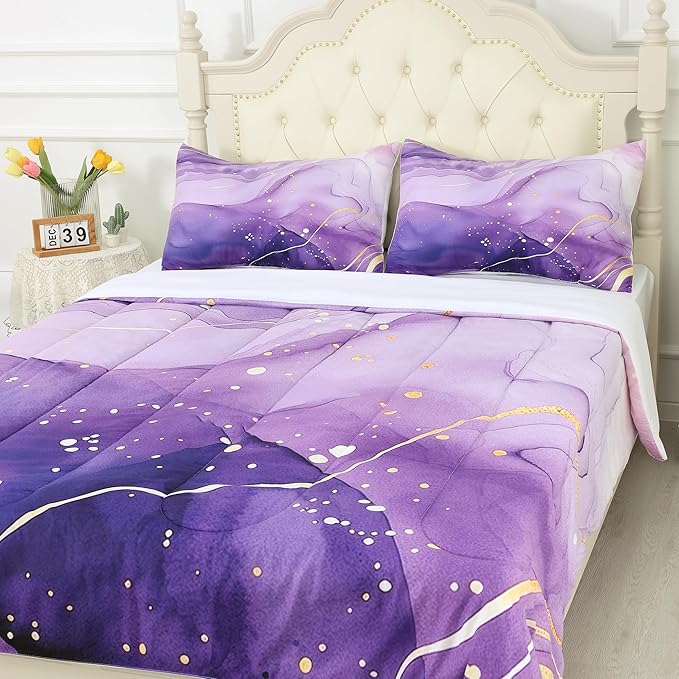 Purple Marble Comforter Set: Full Size Abstract Lavender Bedding Sets Luxury Gold Glitter Aesthetic Marbling Swirl Duvet Bed Set for Teen Girls Women Bedroom Decor 3 Piece