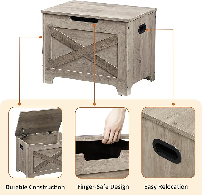 IDEALHOUSE Storage Bench, 23.6" Retro Wooden Storage Chest with 2 Safety Hinges, Loads 300 lb, Easy Assembly, Storage Ottoman Bench for Bedroom Entryway Living Room, Grey