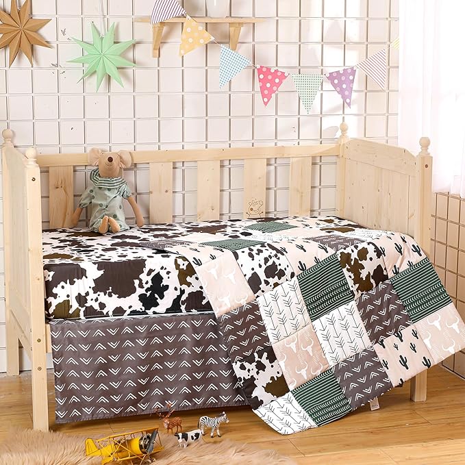 3 Piece Patchwork Western Crib Bedding Set, Neutral Cow Cactus Print Baby Bedding, Barnyard Western Nursery Decor, Standard Size Soft Baby Bed Set Includes Quilt, Fitted Crib Sheet, Bed Skirt