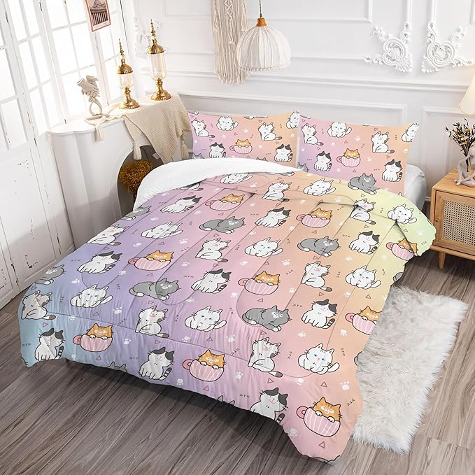Cat Comforter Set King: Cute Cats Bedding Sets Cartoon Pet Kitten Quilts for Women Teen Girls Adult Rainbow Kawaii Kitty 3 Piece Bed Set 1 Comforter & 2 Pillowcases