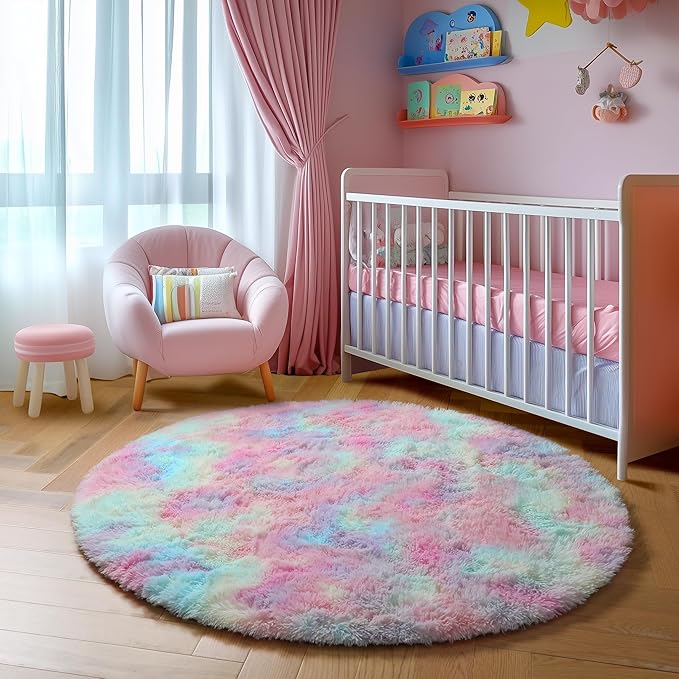 Amdrebio Rainbow Fluffy Round Rug 5Ft Kids Rugs for Girls Bedroom, Unicorn Room Decor, Colorful Pastel Shag Carpet for Playroom Baby Nursery, Cute Furry Kawaii Circle Area Rug for Toddler Princess