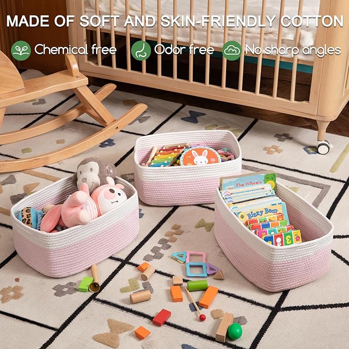 Storage Baskets for Organizing 3 Pack, Woven Baskets for Shelves, Closet Organizer Bins Empty Gift Basket Toy Storage for Toys, Books, Towels, Clothes, 15"x11.42"x6.7", Pink