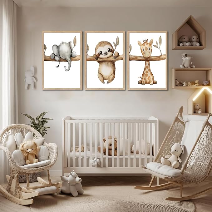 3Pcs Nursery Animal Wall Art Safari Nursery Canvas Poster Prints Jungle Kids Painting Cute Animal Elephant Sloth Giraffe Artwork Picture Wall Decor for Boys Room Girls Room 16x24in Unframed
