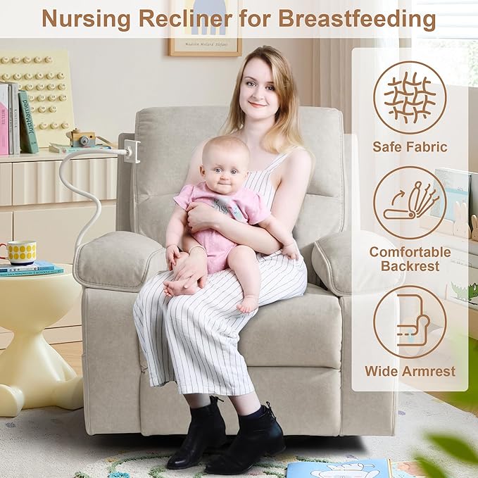 Nursing Rocking Chair for Breastfeeding, Swivel Rocker Nursery Glider Recliner with Adjustable and Removable Phone Holder for Living Room,Nursery Room, Baby Essentials,Beige