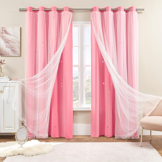 XiDi Pink Curtains for Kids Girls Bedroom 2 Panels Blackout Double Layer Curtains with Sheer Overlay 72 Inches Length for Nursery Princess Room Star Cut Out Home Decor Grommet Window Drapes W52 X L72