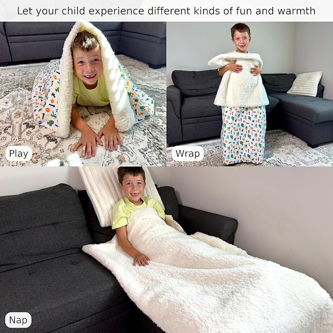 Kids Sherpa Throw Blanket – Soft Cotton & Warm Sherpa Toddler Blanket, Trucks, Cranes & Construction Vehicles Pattern, Plush Winter Bed Throw, 40 x 60 inches