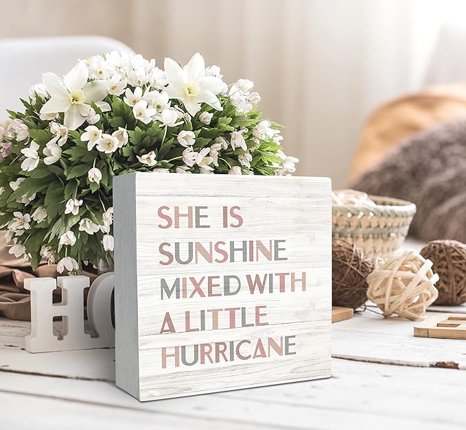 SRADMO She Is Sunshine Mixed with a Little Hurricane Boho Wood Box Sign Desk Decor, Baby Girls Inspirational Quotes Wooden Block Box Sign Decoration For Girls Room Nursery Playroom Shelf Table Decor