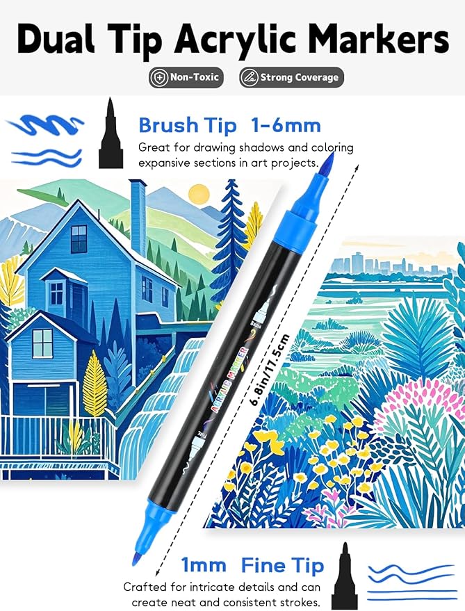 48 Colors Acrylic Paint Markers, Dual Tip Acrylic Paint Pens with Brush and Fine Tips for Kids, Adults, Wood, Canvas, Stone, Rock Painting, Glass, Ceramic Surfaces, DIY Crafts Making