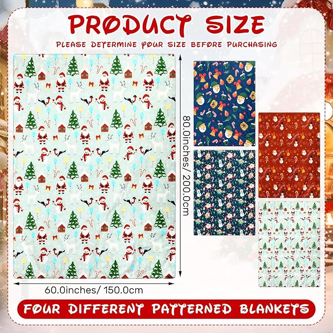 Buryeah 4 Pack Queen Size Christmas Throw Blankets Bulk for Sofa Bed Couch Snowman Igloo Santa Claus Bells Xmas Tree Soft Cozy Christmas Plush Flannel Blanket Home Decor Xmas Supplies, 60 x 80 Inches