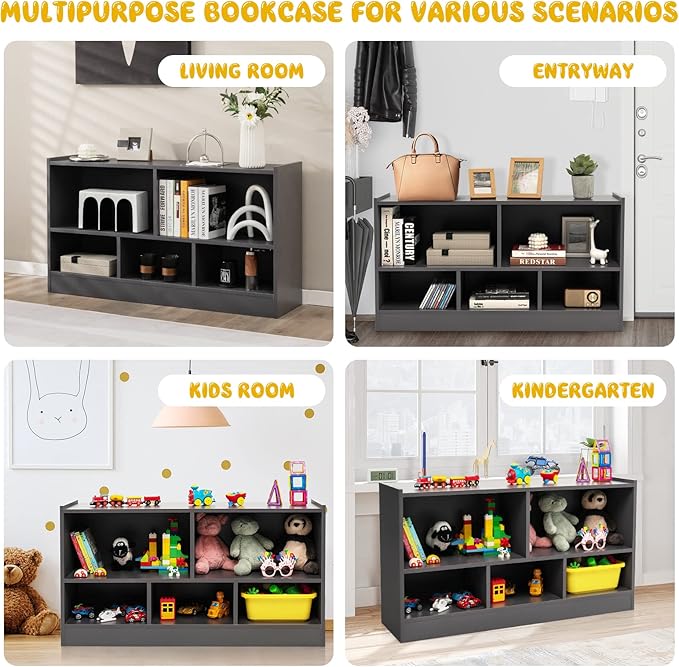 Costzon Toy Storage Organizer for Kids, 5-Section School Classroom Storage for Organizing Books Toys, Wooden Kids Bookshelf Daycare Furniture for Preschool, Playroom, Nursery, Kindergarten (Dark Gray)
