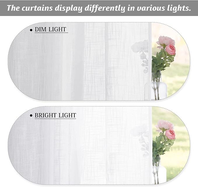 RYB HOME Linen Sheer Curtains - Linen Textured Semi Sheer Curtains for Home Office Kids Nursery Bedroom Window, 52 inches Wide x 63 inches Long per Panel, 2 Panels, White
