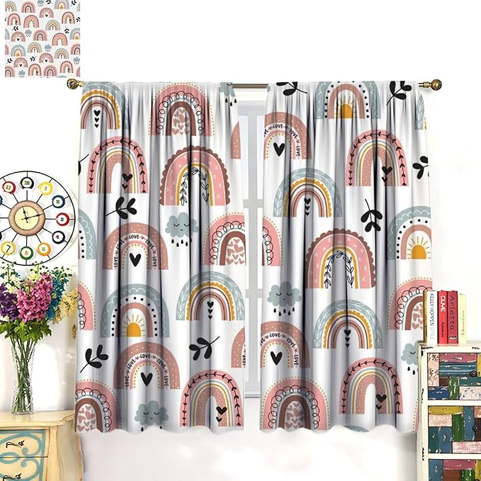 Kids Rainbow Curtains Boho Cartoon Colorful Stars Love Heart Lovely Abstract Art Pattern Print Window Drapes for Girl Bedroom Living Room Kitchen Decor,2 Panel Set,63Wx72H Inch Blackout