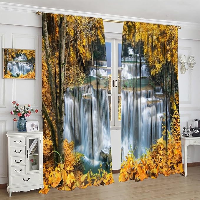 Waterfall Blackout Curtain, Autumn Season Trees Leaves Natural Landscape Window Drapes, for Bedroom Living Room 42" W X 45" L