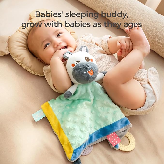 TUMAMA Baby Security Blanket Lovey,Soft Fleece Velvet Minky Dot Blanket with Stuffed Animal&Teething Rings,Newborn Essentials for Babies Girls Boys,Zebra
