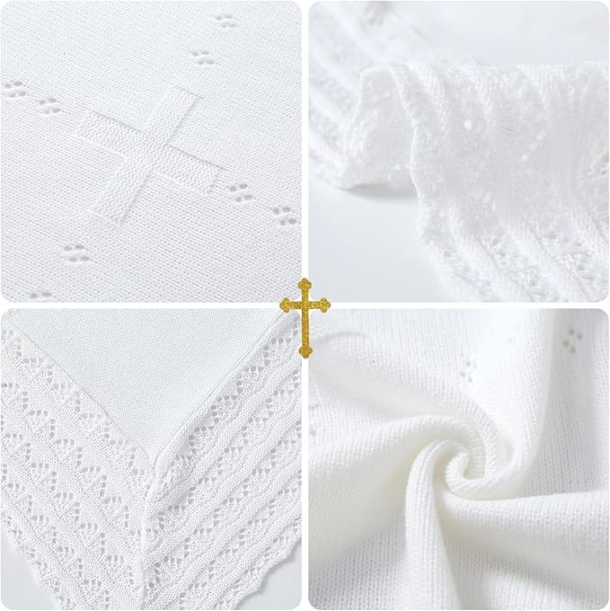 Booulfi Baby Blanket White Receiving Blanket Baptism Christening Towel for Newborn Girls Boys, White Cotton Knit Thermal Baby Blanket Shawl with Cross Pattern, 47”x47”