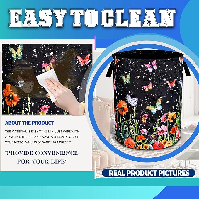 Colorful Butterflies Flowers Laundry Basket Oxford Cloth Laundry Hamper With Handle Foldable Portable Clothes Storage Basket 18.9 X 16.5 Inch Storage Bag For Laundry Room/Bathroom/Bedroom/Dormitories