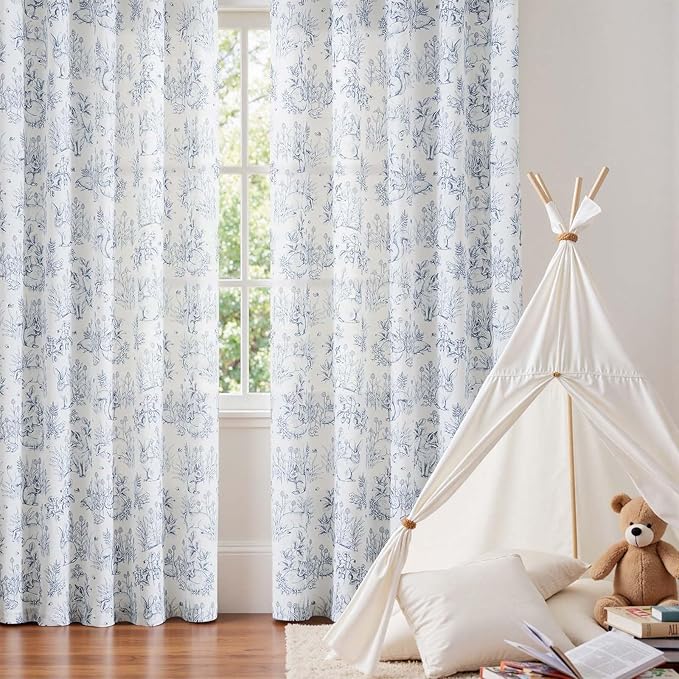 jinchan Linen Nursery Curtains 96 inch Long Woodland Wildlife Blue Print Drapes for Kid's Room Light Filtering French Country Farmhouse Curtains with Bunny and Forest Design Set of 2 Panels