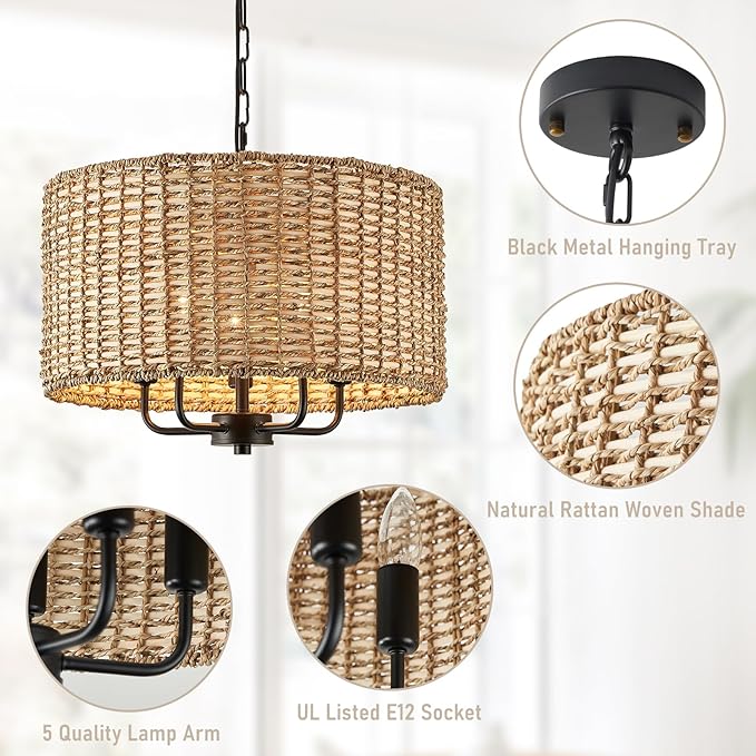 5 Lights Chandeliers 18" Rattan Light Fixture with Drum Woven Shade, Boho Chandelier for Kitchen Island,Entryway,Over Table,Hallway(Ceiling Hanging Mounted Wicker Light Fixture)