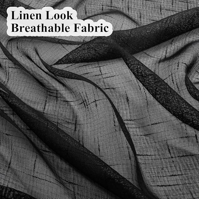 Black Linen Look Sheer Curtains 96 Inches Long 2 Panels, Rustic Textured Light Filtering Drapes, Dark Moody Window Decor, Pinch Pleat Curtain with Hooks