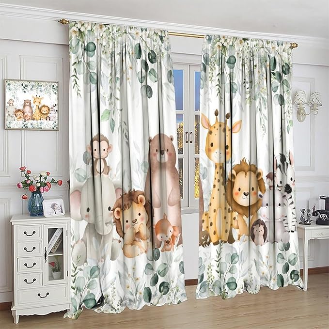 Kids Safari Animal Curtains Woodland Wildlife Jungle Animals Window Treatments for Boys Girls Bedroom Cute Cartoon Lion Nursery Children Drapes for Living Room W42xL63(Decor)