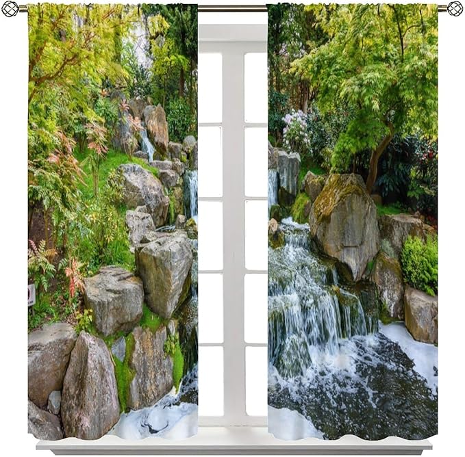 Forest Waterfall Blackout Curtains, Natural Landscape Forest Trees Waterfall Scenery PrintWindow Drapes, for Living Room Bedroom 55" W X 63" L