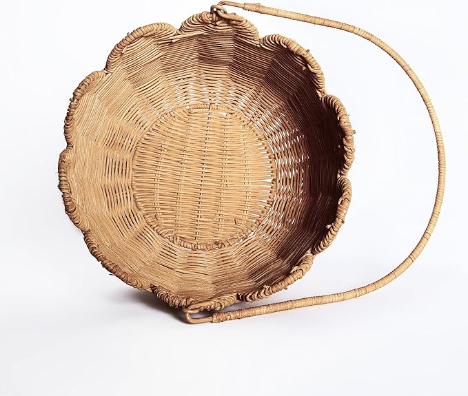 Scalloped Edge Round Basket with Handle, Super Sturdy Wicker Storage Baskets, Hand Woven Basket for Shelves,Natural Baskets for Organizing (Brown Rattan, 10.2"*10.2"*7.3")
