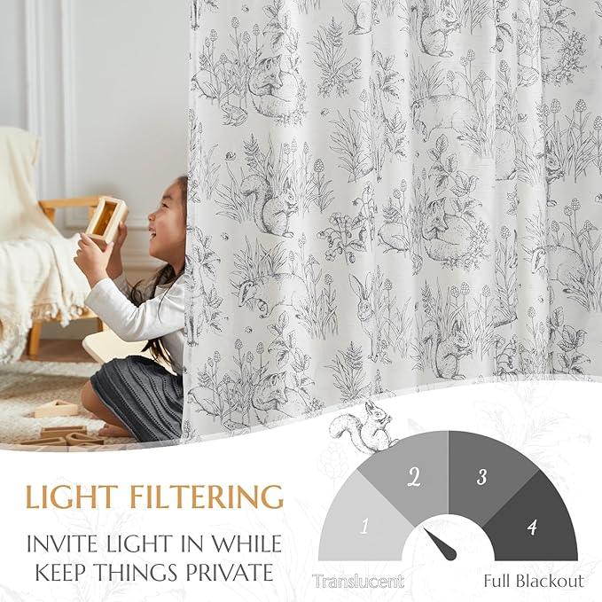 jinchan Linen Nursery Curtains 96 inch Long Woodland Wildlife Grey Print Drapes for Kid's Room Light Filtering French Country Farmhouse Gray Curtains with Bunny and Forest Design Set of 2 Panels