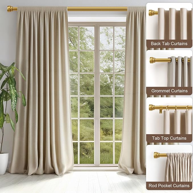 Gold Curtain Rods for Windows 28 to 48 Adjustable Modern Curtain Rod 1 inch Diameter Heavy Duty with Solid Metal Finials for Living Room Bedroom Farmhouse Outdoor Patio
