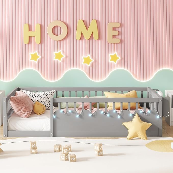 Twin Size Montessori Bed, Wood Twin Montessori Floor Bed with High Rails & Storage Shelf, Baby Floor Beds with LED Light for Boys & Girls, Gray