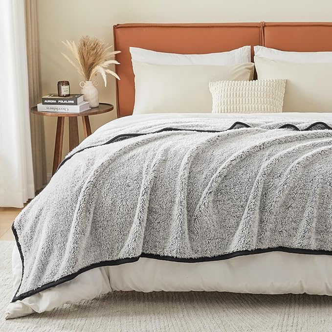 EMME Soft Sherpa Fleece Blanket Reversible Plush Fluffy Large Blanket, Light Weight Warm Decorative Boho Blanket Cover for Sofa, Couch, Bedroom,Travel(Black,108"x90")