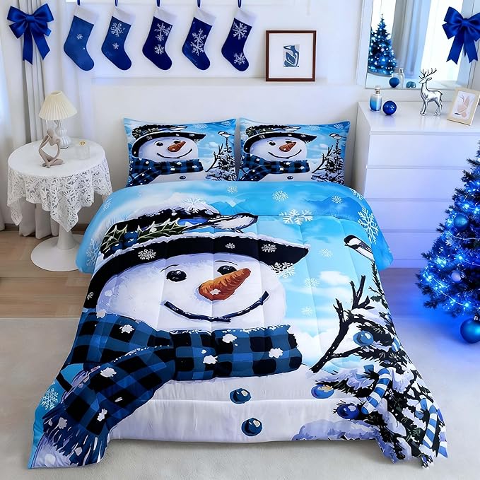 Feelyou Kids Christmas Theme Decorations Bedding Set Xmas Snowman Comforter Set for Boys Girls Cute Comforter Blue Bedroom Collection Twin Size