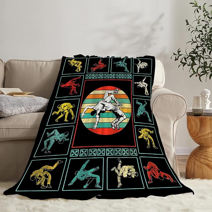 Wrestling Fleece Blanket Sports Wrestle Throw Blankets for Girls Boys Super Soft Warm Flannel Vintage Colorful Throws Gifts for Men Women Cozy Fuzzy Plush Stuffed Couch Bed Bedding Decor 60"x50"