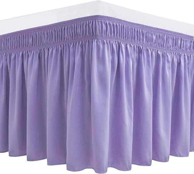 Biscaynebay Wrap Around Bed Skirts for King & Cal King Beds Short Drop of 12", Lavender Adjustable Elastic Dust Ruffles Easy Fit Wrinkle Resistant Silky Luxurious Fabric Machine Washable