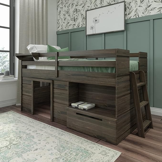Max & Lily Loft Bed Twin Size, Solid Wood Low Loft Bed with Storage Drawer and Ladder, Modern Farmhouse Loft Bed for Kids, Barnwood Brown