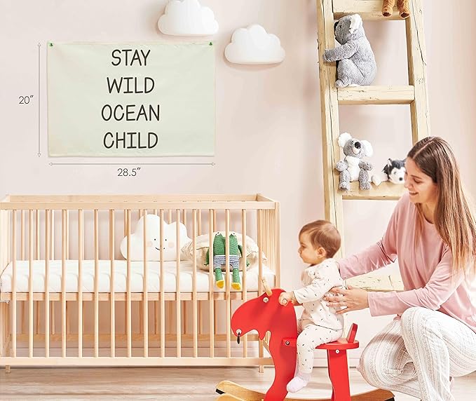 Nursery Canvas Banner Wall Decor-Hanging Rectangular Poster Flag Sign Art for Baby Kids Newborn Nephew,Bedroom Playroom Babyroom Door Decor,Stay Wild Ocean Child Quote,Christmas Gift 28.5"L x 20"W