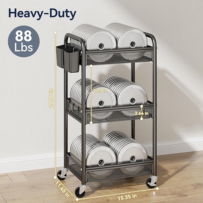 YASONIC 3 Tier Rolling Cart – Metal Utility Storage Carts with Wheels, Craft Cart Organizer with Hanging Cups, Hooks, Mesh Basket for Bedside Kitchen Office Art, Black