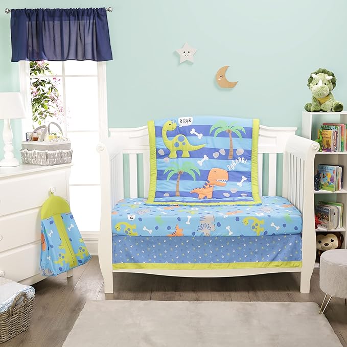 EVERYDAY KIDS Dinosaur 4 Pc Crib Bedding and Nursery Set Includes Baby Bed Quilt, Fitted Sheet, Dust Ruffle and Diaper Stacker; Triceratops and T-Rex Dino Design for Baby Boys