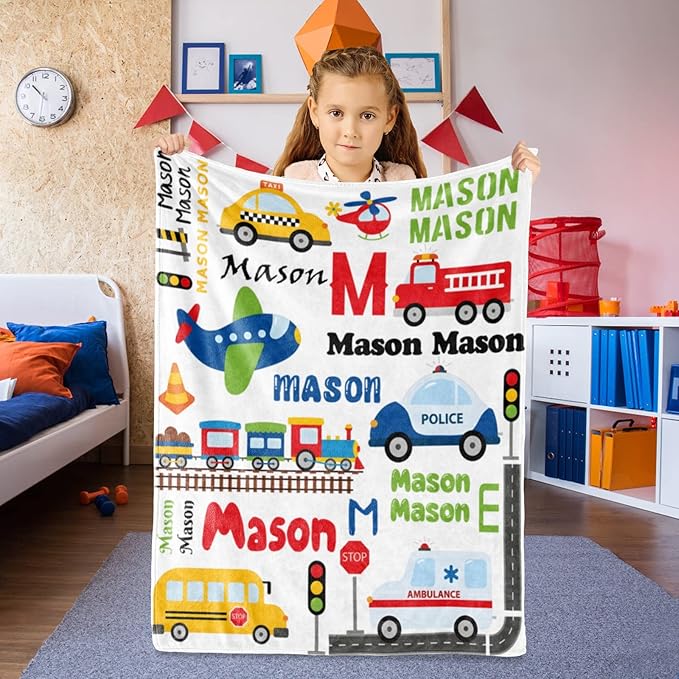 Custom Blanket with Name for Boys, Personalized Name Blanket City Transport, Soft Flannel Blankets Customized Gift for Children Day Birthday Christmas-40 x50