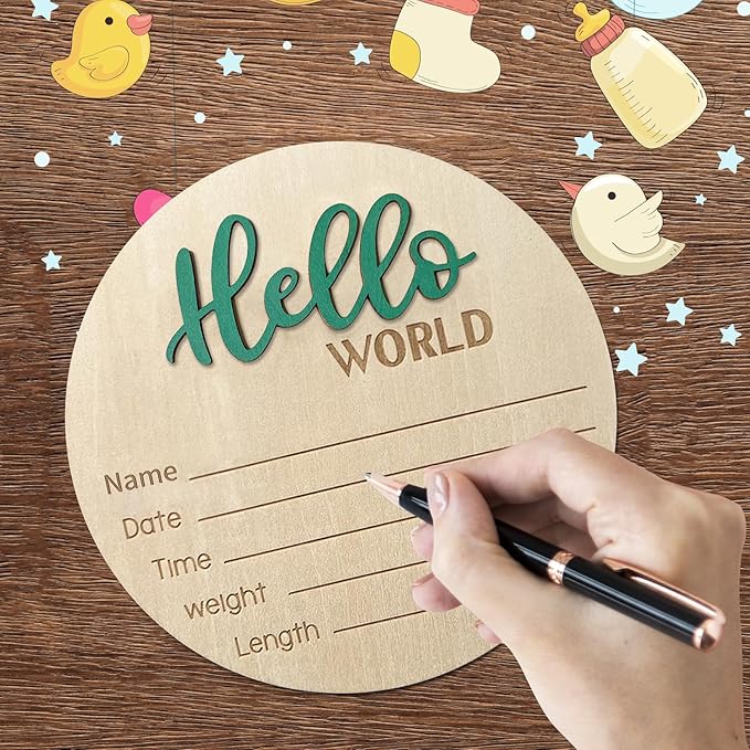 Baby Announcement Sign, 5.9 Inch Wooden Hello World Newborn Signs, Birth Announcement Sign, Baby Shower Hospital Nursery for Newborn Boys and Girls (Green,Pen)