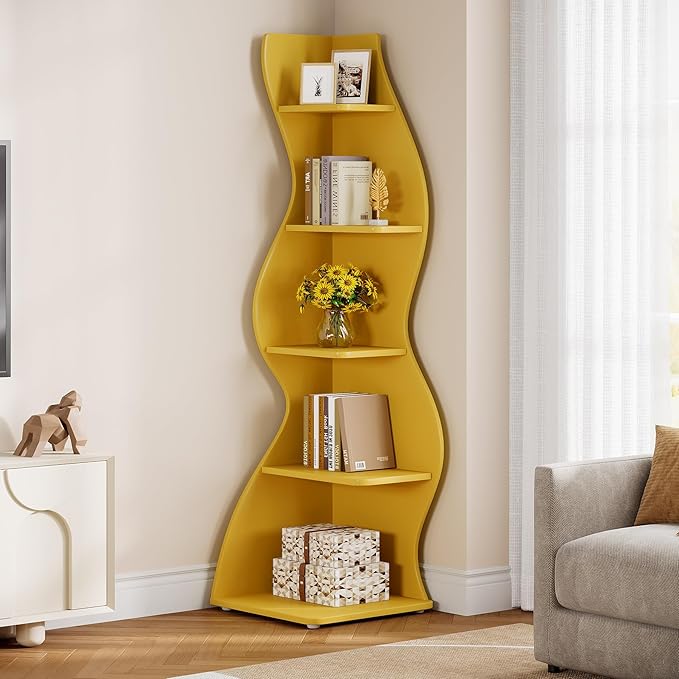 Tribesigns Wavy Corner Shelf, Modern 5-Tier Bookshelf Bookcase with Curvy Shape, Unique Plant Stand Display Rack for Living Room Small Space (Yellow)