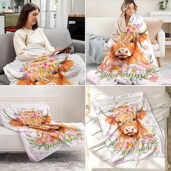 Custom Highland Cow Throw Blanket for Boys, Girls - 40" x 50" Inches Cute Highland Cow Blanket Gifts for Kids - Pink Soft Warm Throw for Sofa, Crib & Bed