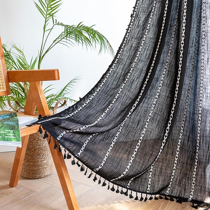 Deeprove Black Boho Curtains 108 inches Long for Bedroom Living Room, Vintage Bohemian Style Embroidery Stripe Tassel Farmhouse Cotton Linen French Door Window Treatments Decor, W52 x L108, 1 Panel