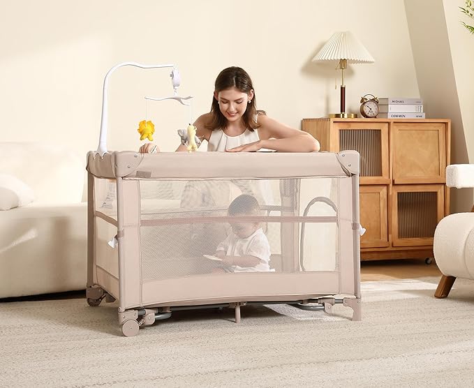 Pack and Play, 5 in 1 Baby Playard – Portable Crib, Bassinet, Bedside Sleeper, Changing Table & Playpen | Breathable Mesh | Safe & Foldable for Newborns to Toddlers (Beige)