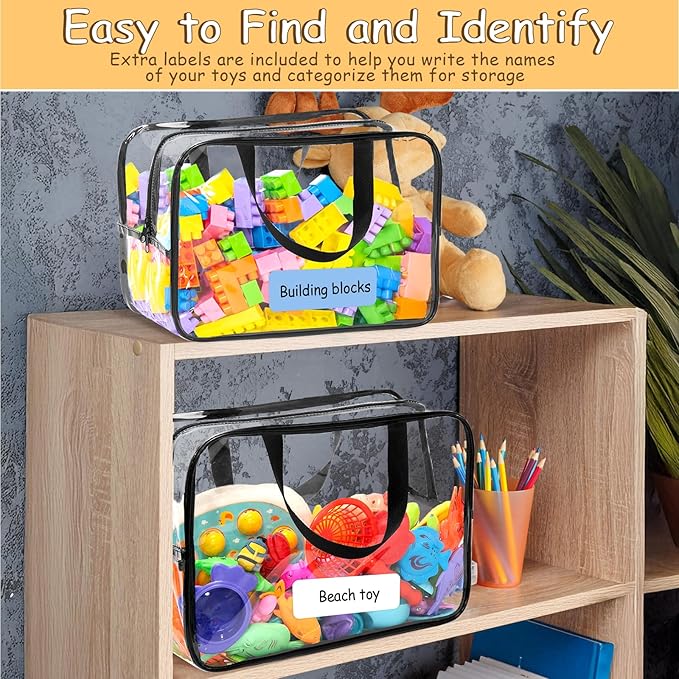 12.6 * 9.25 * 6.9 IN Extra Large Toy Storage Bags, 6 Packs Clear Waterproof Toy Organizer Bags with Labels, Dual Zippers and Portable Handheld Design, Board Game Storage for Building Blocks, Puzzle