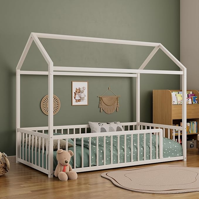 Twin Size Metal Floor Bed Frame,House Shaped Bed with Fence for Kids and Toddlers,Easy Assemble, No Slats,White