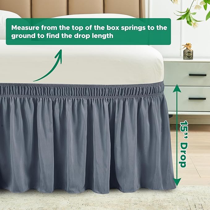 Biscaynebay Wrap Around Bed Skirts for Queen Beds 15" Drop, Dark Grey Flora Home Elastic Dust Ruffles Easy Fit Wrinkle & Fade Resistant Silky Luxurious Fabric Machine Washable
