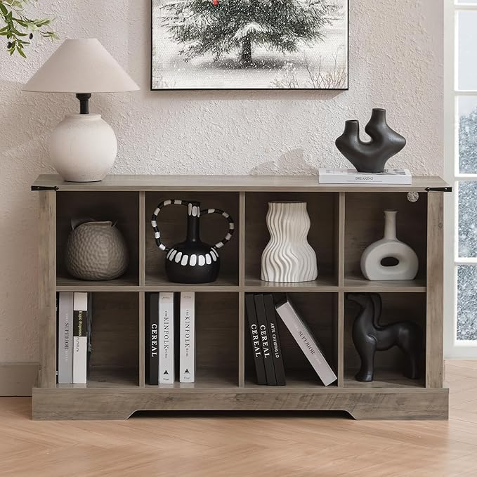 8 Cube Storage Organizer, Wood Cube Bookshelf with LED Lights, Horizontal Storage Cubes, Kids Bookshelf, Display Cabinet Cubby Shelf for Living Room Home Office Bedroom, Grey