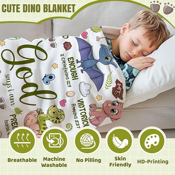 Bible Verse Blanket, Christian Gifts, God Says I am Print Dinosaur Blankets, Meaningful Thoughtful Religious Baptism Gift for Son,Dinosaur Lovers Room Bed Decoration, 50"x60"